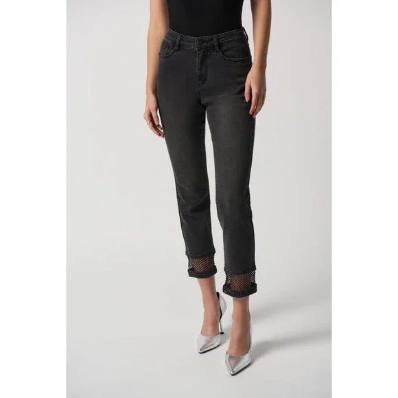 Joseph Ribkoff Women 22 Charcoal Grey Embellished FishNet Cuff Classic Slim Jean - Picture 2 of 15